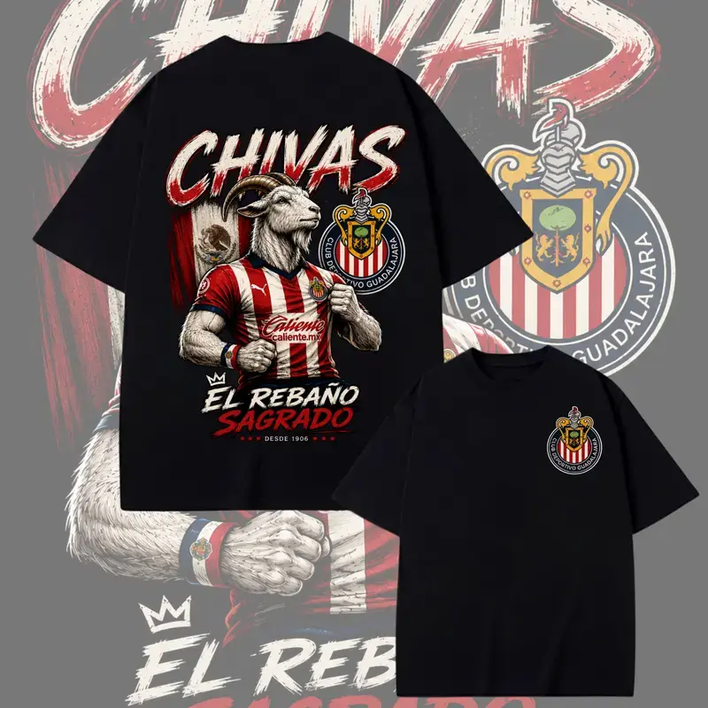Men's Chivas Guadalajara Round Neck T Shirt Stylish Streetwear Sports Soccer Fashion Casual Liga MX Fan Apparel with El Rebaño Sagrado Goat Graphic Striped Short Sleeves Graphic Print Unisex Standard Sizes Shortsleeve Tshirt Casual Fit Football