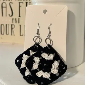 Black and White crochet granny square earrings on silver hooks.