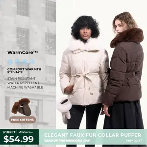 PUFFIT WarmCore Premium Elegant Fur-Collar Puffer Detachable Fur Collar Waist-Defining Slim Fit Puffer Jacket Matching Gloves Available Detachable Button Design Elegant Look Combines Warmth And Beauty — Perfect For Winter Elegance
