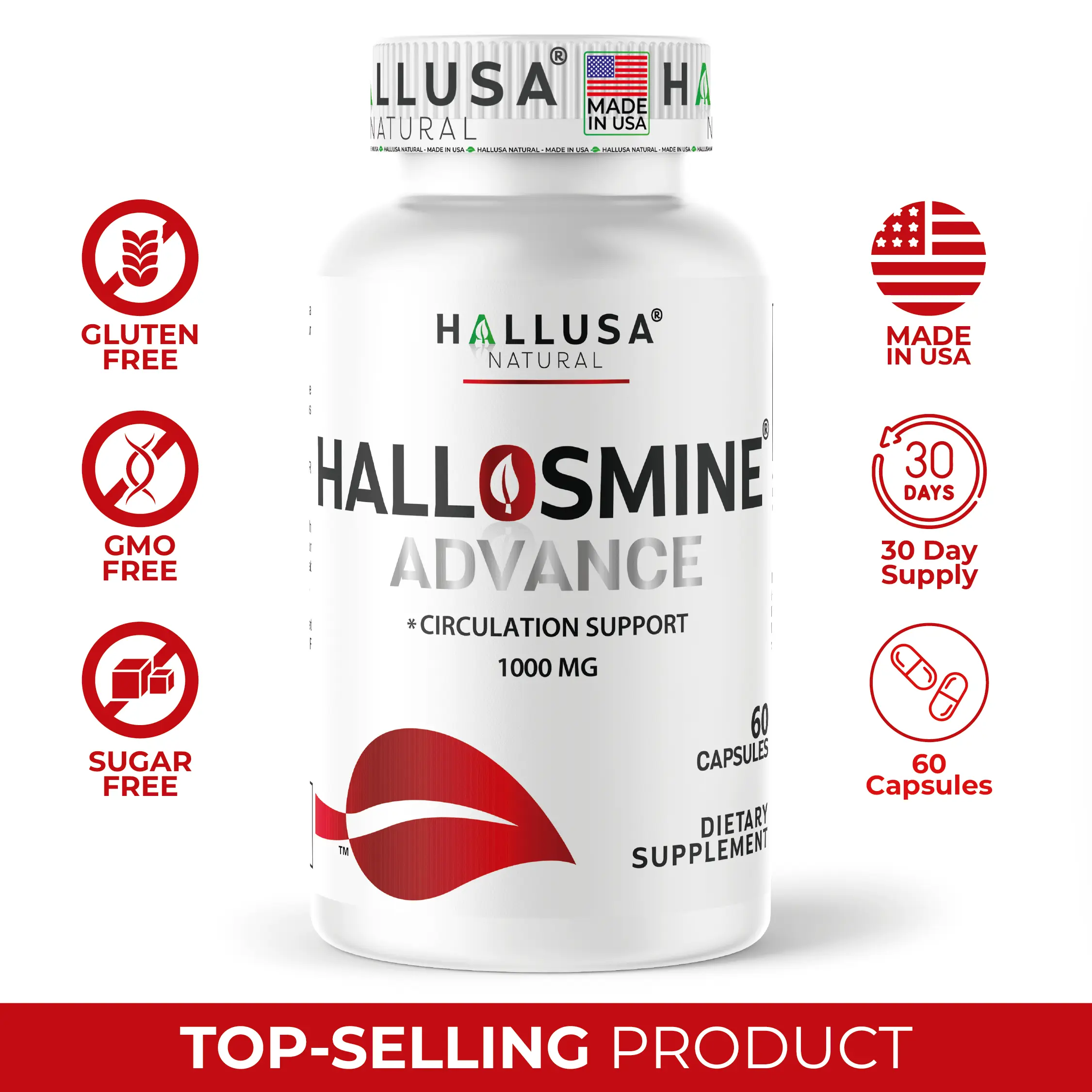 HALLUSA NATURAL HALLOSMINE ADVANCE 1000 mg x 60 Capsules Circulation Support with High-Potency Diosmin 90% for Healthy Vein & Blood Flow Gluten Free Non-GMO Dietary Supplement Made in USA - Edible, Zero-Sugar Vitamins Supplements Fitness Healthcare