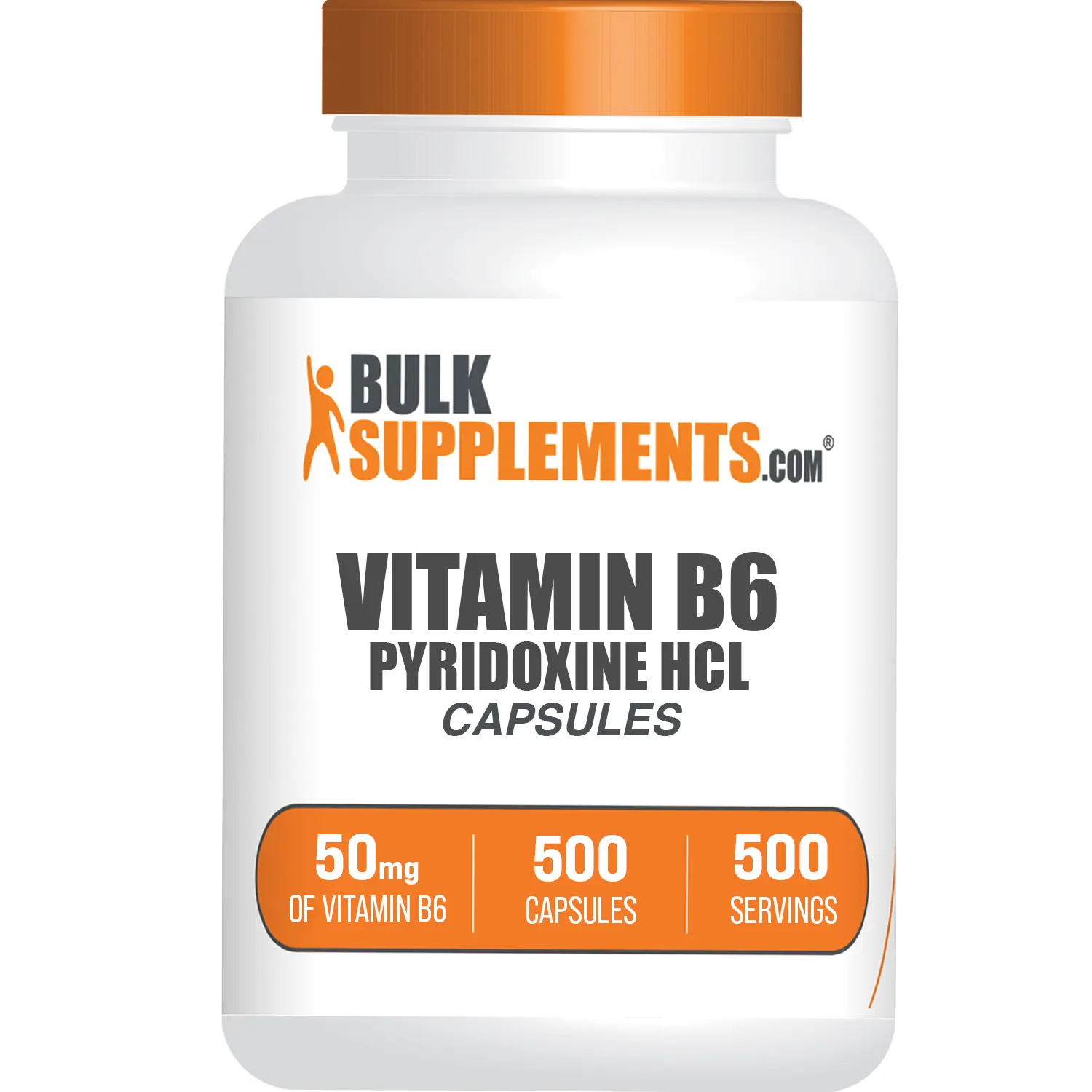 BulkSupplements Vitamin B6 Pyridoxine HCl Dietary Capsules - 50mg per Serving, 500 Caps, Sugar Free, Gluten Free, Rice Flour, Bovine Gelatin - Immune Support, Cognitive Function, Skin Support Daily Supplement