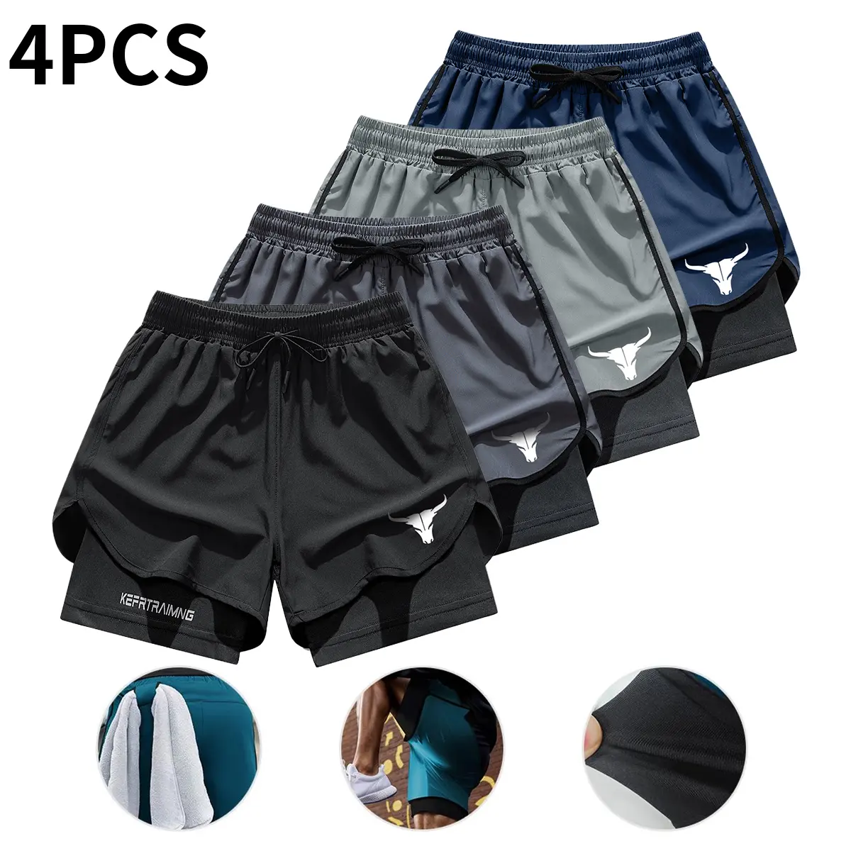 Men’s 2‑in‑1 double‑layer quick‑dry shorts with inner pockets, available in a 4‑pack, suitable for summer gym workouts and training.,summerwins