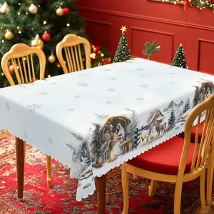PLUMLIK Christmas Tablecloth with Jesus, Winter Snowscape, Light blue background, Christmas Decor 2025, Christmas Party Decoration for Home Indoor Outdoor, Vintage Round Rectangular Table Cloth, Holiday Kitchen Festive Decor, Christmas Gifts