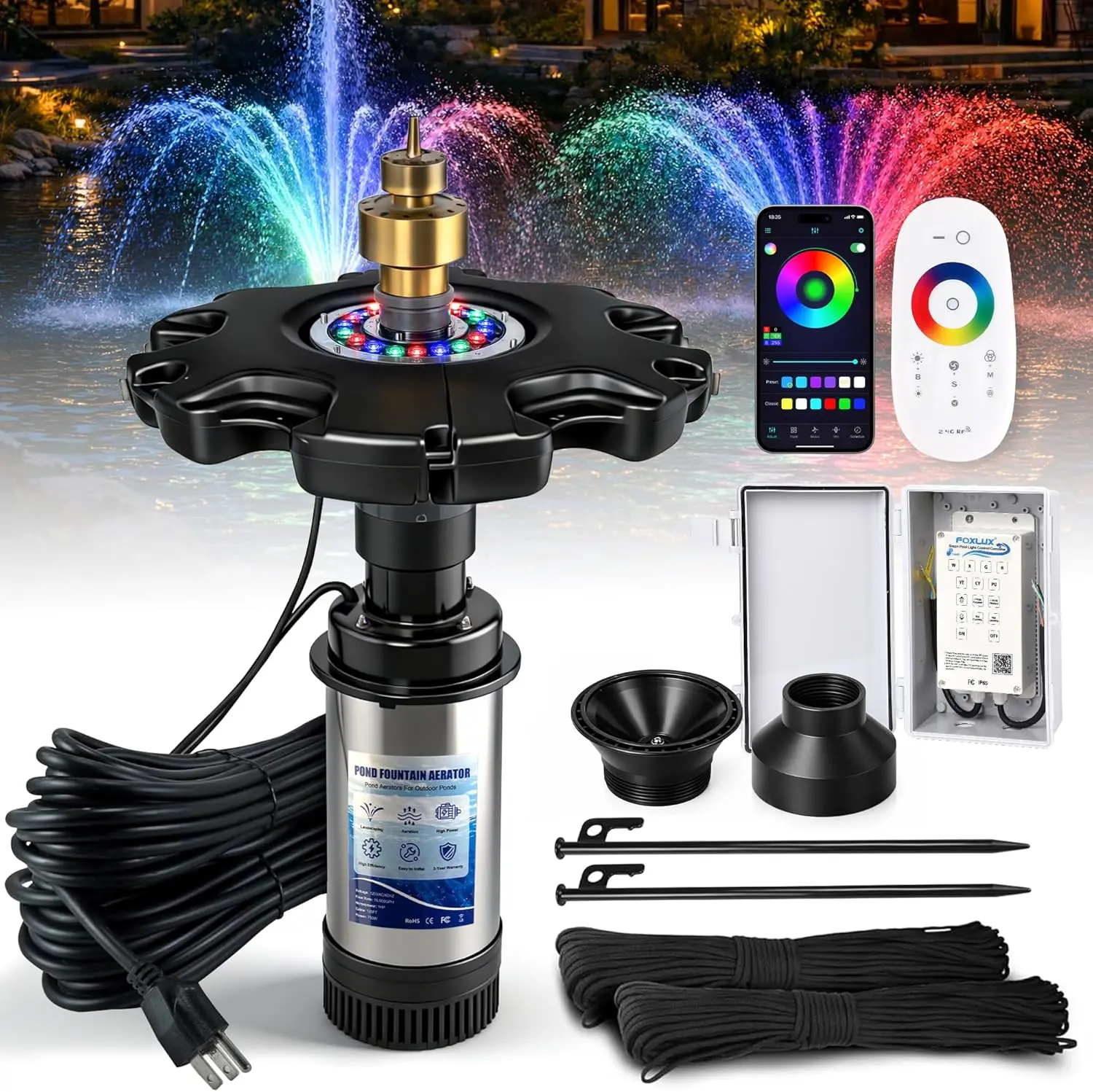 FOXLUX RGB LED Pond Fountain Aerator Water Circulation Pump - 750W 1HP, 15000 GPH Floating Pump, Color-Changing Light Show, 100ft Power Cord, Controller, APP & Remote Control, for Ponds (120V)