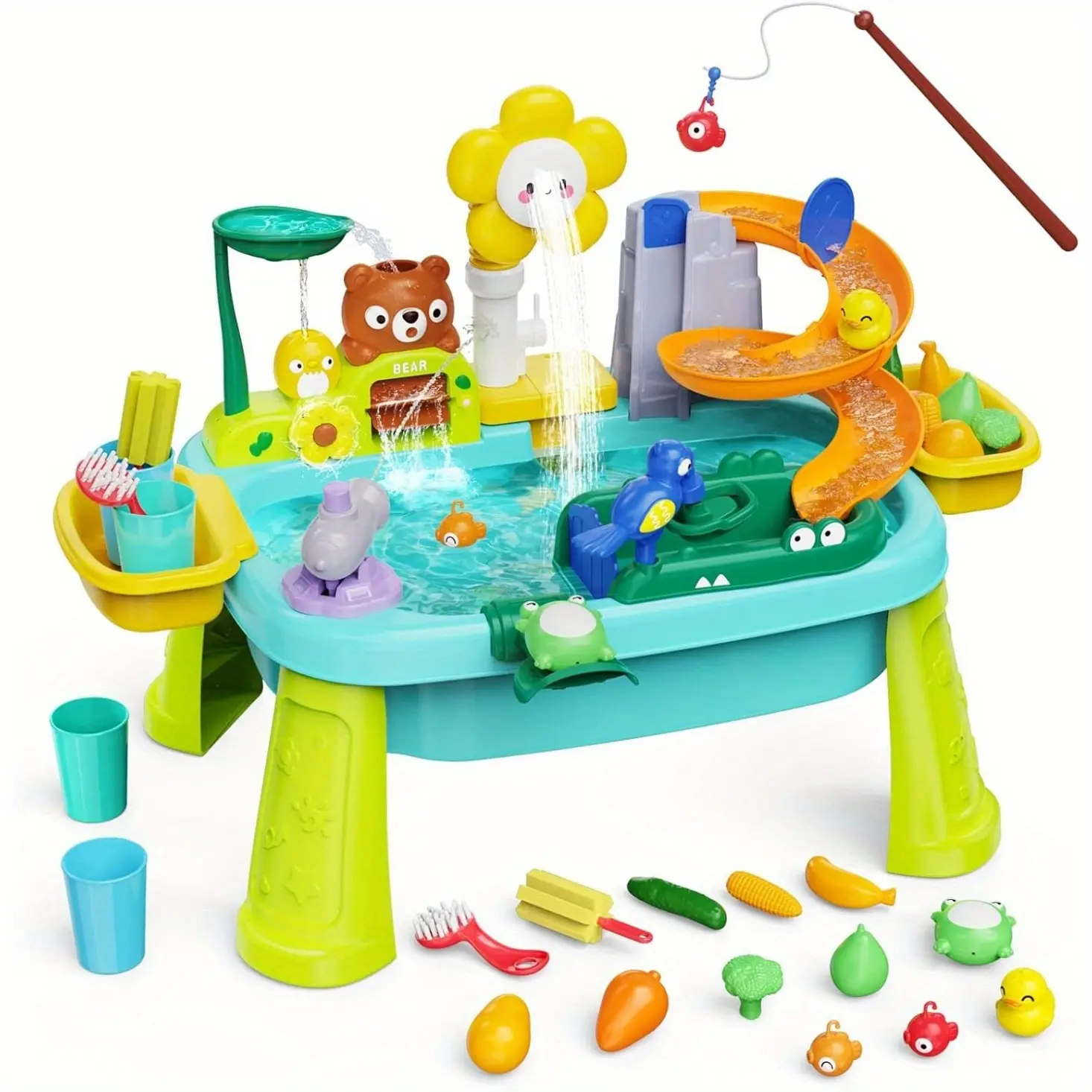 Sunflower Toddler for Kids, Fishing, Spray Gun, Slide Track, Outdoor Sensory Table, Water Play Table, Summer Beach Toy, Best Gift for Boys & Girls