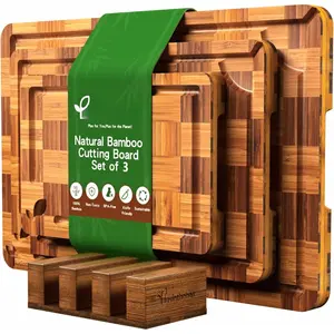 Board Set of 3 with Stand, Checkered End Grain  Boards for Kitchen with Deep Juice Grooves for Meat, Cheese, Charcuterie and Kitchen Prep
