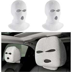 2PCS Car Headrest Cover, Personalized Funny Auto Seat Headrest Full Face Mask, Ski Mask Front Headrest Protector Decoration for Most Vehicles, Universal Car Accessories (White)