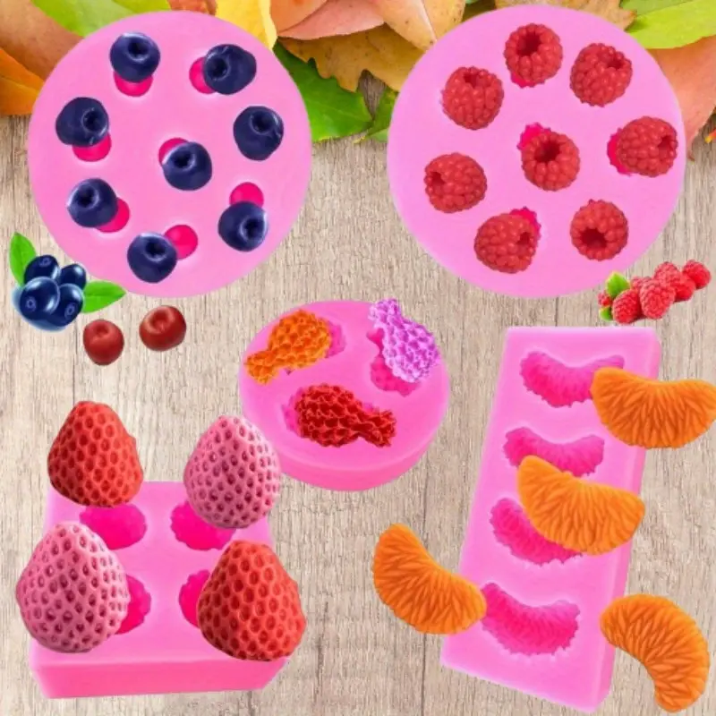 5pcs BPA-Free Heat-Resistant Silicone Fruit Mold Set, Pink Dishwasher-Clean Crafting Molds with Orange, Strawberry, Blueberry, Raspberry, Pineapple Shapes for Candle Decorating, DIY Projects