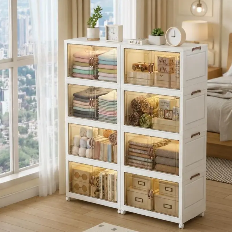 Foldable storage cabinet, 3–5-tier quick-assembly modular drawer organizer with transparent dustproof panels and lockable wheels, suitable for storing clothes and toys in the bedroom, 70 Cm Wide / 4-Tier Cabinet - White Tea Color, Abs