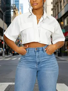 Women's Chic Short-Sleeve Collared Fitted Crop Blouse - Button-Up, Breathable Fabric, Pockets, Casual Summer Shortsleeve Blouses for Everyday Wear (Women's Clothes, Crop Tops)