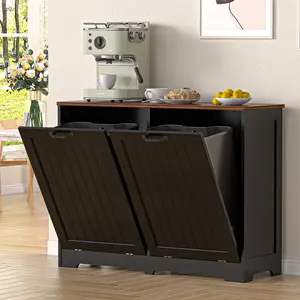 【Does Not Include Trash Can】AHB Hidden Storage Cabinet for 2 Trash & Recycle Bins | Space Saving Tilt Out Design | Pet Proof Wooden Cabinet for Kitchen, Laundry Room & Bathroom