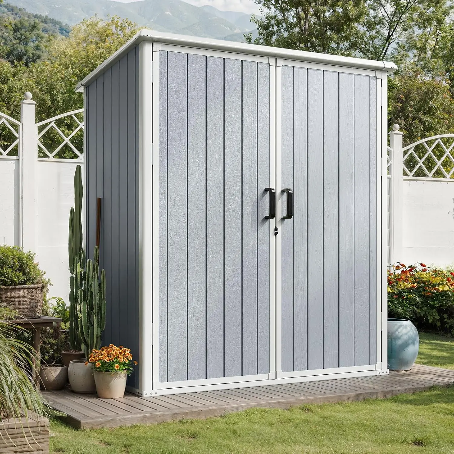 Aoxun 5x3FT Resin Outdoor Storage Shed with Floor, Lockable Door & Organizer - Grey, Ideal for Garbage Cans, Tool Accessories, Lawn & Garden; Camping Essentials, Camping Gear