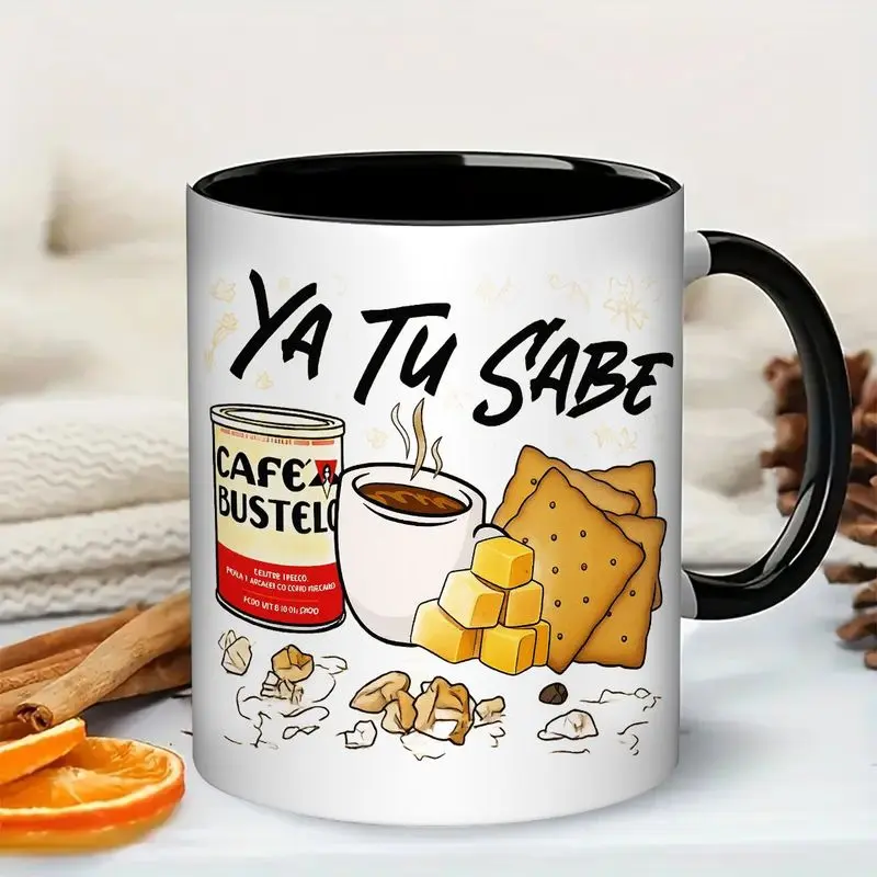 11oz Ya Tu Sabe Coffee Mug - Cuban Culture Themed Ceramic Cup with Black Handle & Interior, Cafe Bustelo Design Featuring Coffee Beans, Crackers & Cheese - Novelty Gift for Coffee Lovers, Cuban Culture Enthusiasts, Home or Office Use,