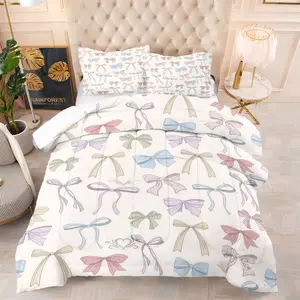 2/3Pcs Colorful Bow-Printed Comforter Set,  Girly Bedding Set with Bow Decorations, Soft and Comfortable, Suitable for Bedrooms, Guest Rooms and Dormitories