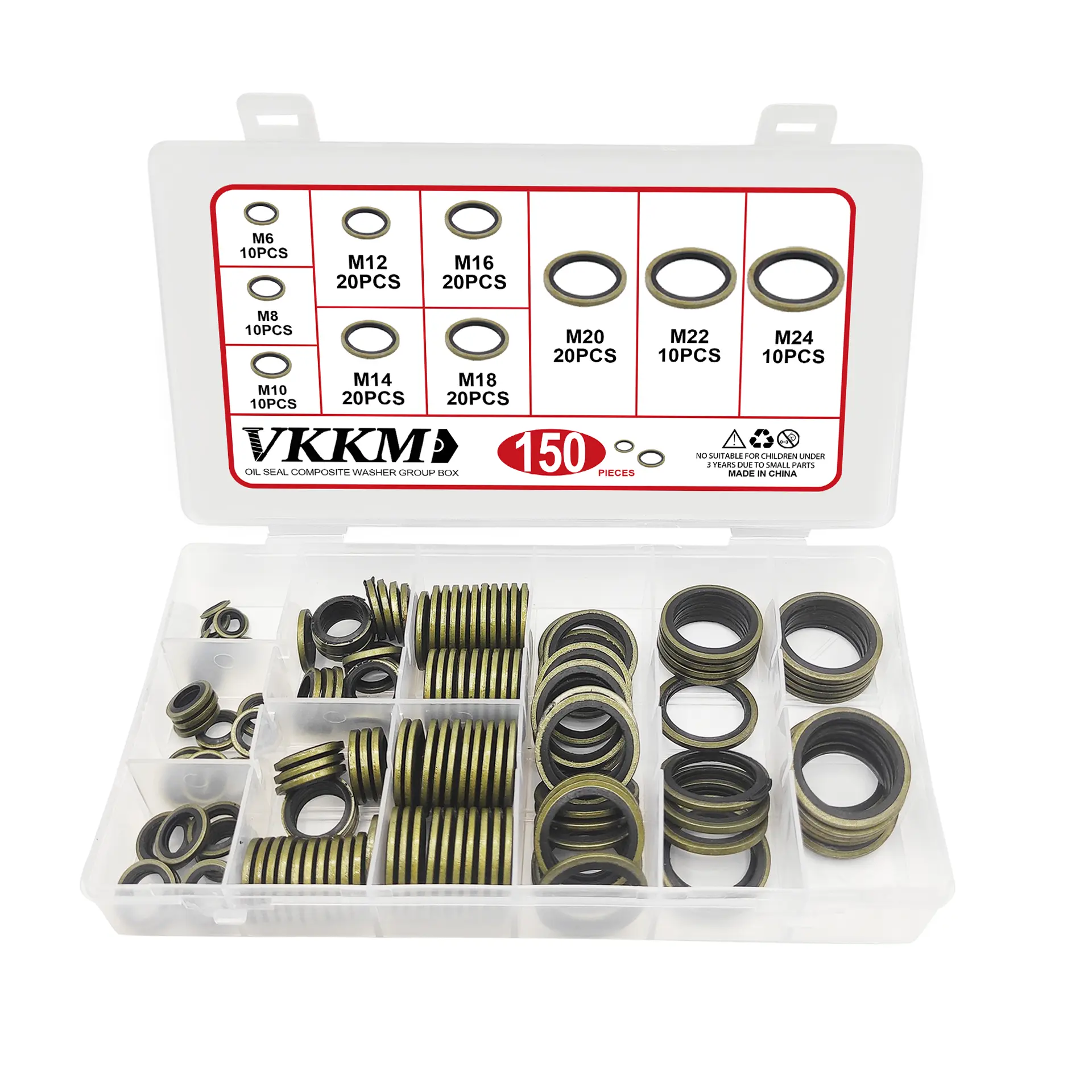 VKKM 150Pcs Assorted Sizes Flat Head Carbon Steel-Rubber Bonded Washer Kit - M6-M24 Metric, Nitrile Rubber Copper-Backed Leakproof Metal Bolt Washers for Automotive Oil Pan Bolts, Pipe Sealing, Leakproof Washers