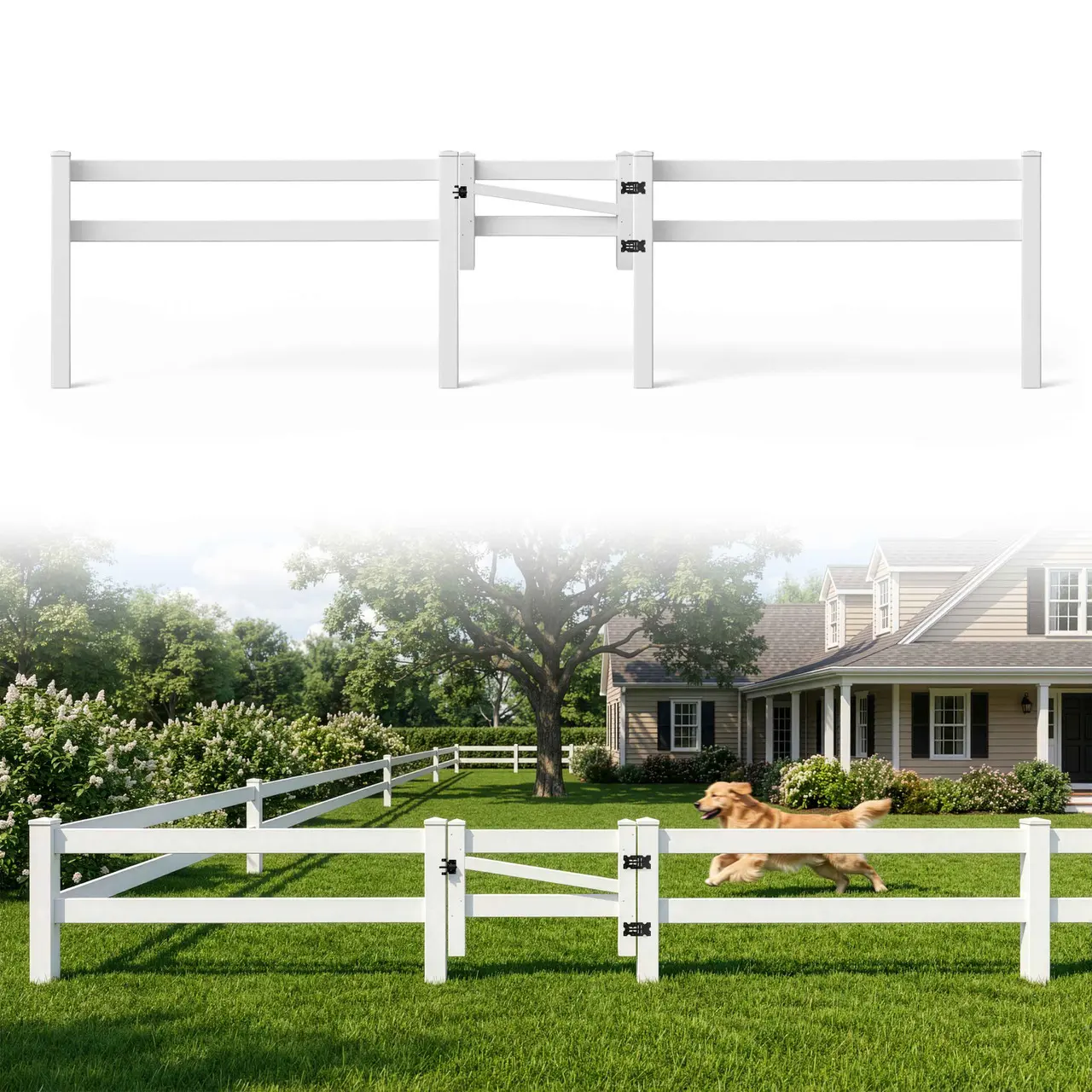 Fencer Wire 300FT Vinyl Ranch Fence Kit, 2-Rail White PVC Fence System with 3ft H x 4ft W Gate, 5ft Posts & 8ft Rails, UV-Resistant, Easy Installation, Durable Outdoor Fencing for Ranch, Yard & Farm