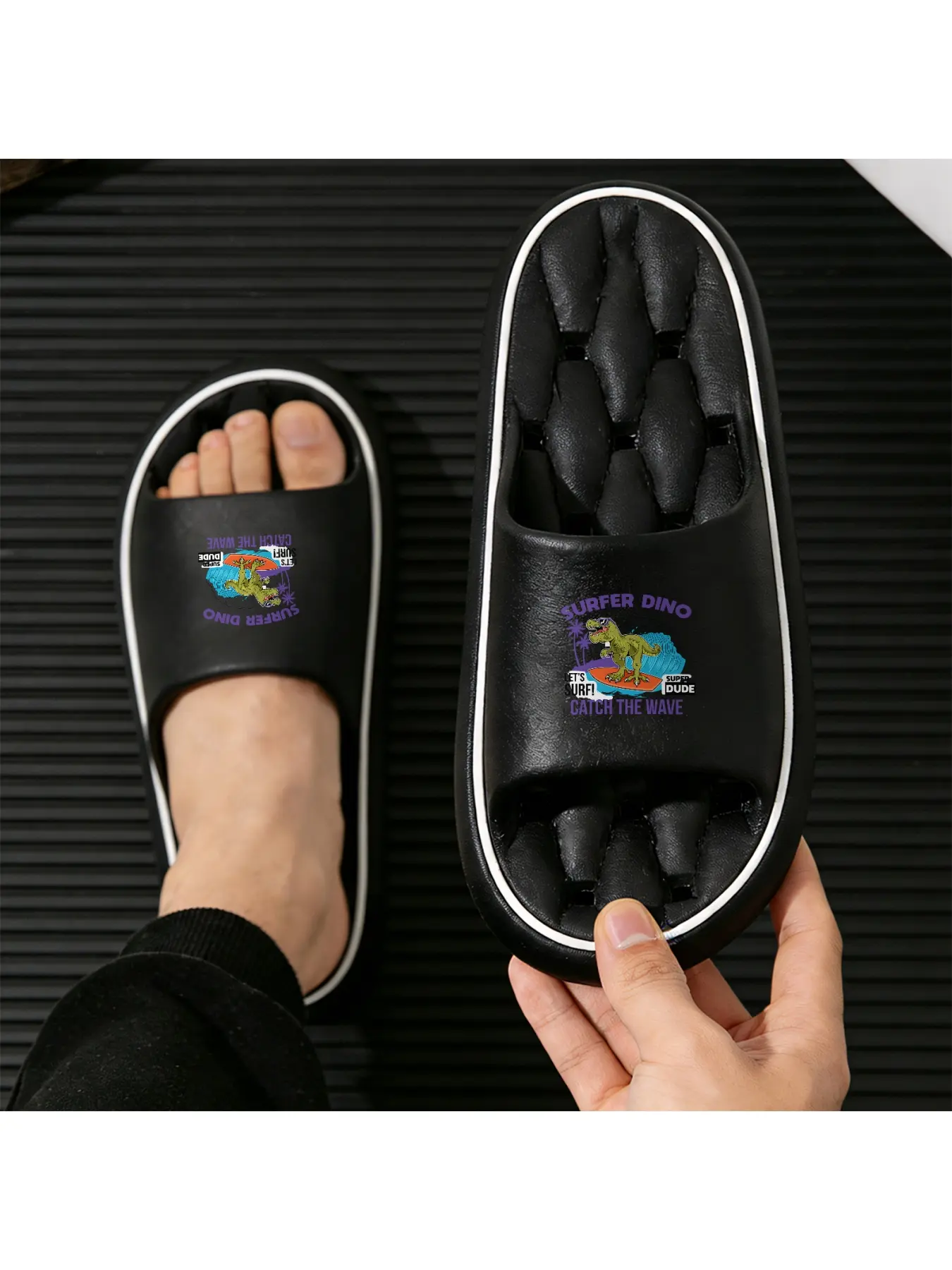 Surfer Dino Themed Slippers for Kids and Adults, Cute T-Rex Surfing Pattern Beach Slides, Non-Slip Soft Sole Summer Sandals, Comfortable Lightweight Slippers for Seaside Vacation Home Outdoor Wear,
