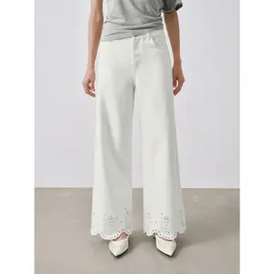 URBAN REVIVO 2026 Summer Women's Daily Cutout Pattern Low-Rise Denim Casual Pants UWH860043 100% Cotton Slight Stretch Below the Ankle - Fabric