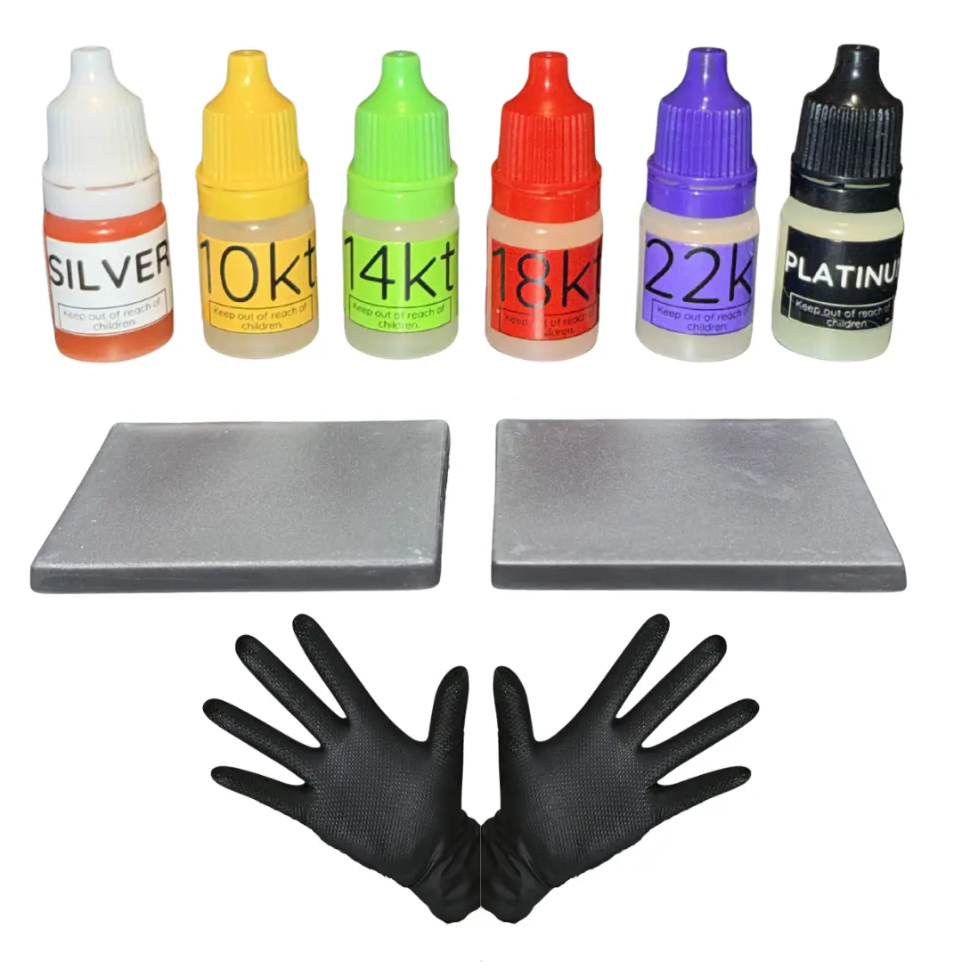 Gold Testing Kit, Gold and Silver Testing Acid Kit 10K 14K 18K 22K, Silver, Platinum - 2pcs Premium Test Stone - 2pcs Industrial Gloves