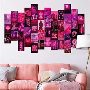 50 PCS Artistic Aesthetic Wall Collage Photo Kit, 4x6 in Pink Neon Posters with Double Adhesive, Girly Bedroom Decor for Teenage Girls, Gift-Worthy Aesthetic Room Decor