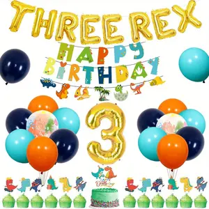 Boy Dinosaur Party Decorations 3rd Birthday, 3 Rex Birthday Decorations Boys, Dinosaur Party Balloons Three Rex Balloon Banner Happy Birthday Banner, Dinosaur Cupcake Cake Topper for 3 Rex Birthday Garland Gifts