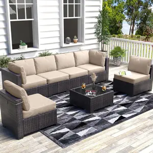 7-Piece Patio Sectional Sofa Set, All-Weather PE Rattan Wicker Outdoor Couch with Thick Cushions and Glass Coffee Table, Modular Conversation Furniture for Garden Balcony Porch Patio, Brown & Peacock Blue