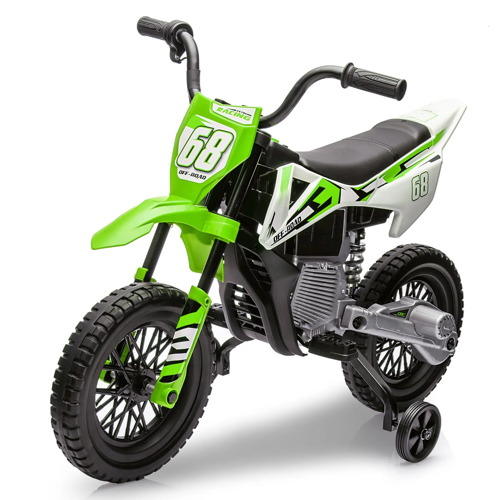 GARVEE 12V Battery-Powered Electric Toddler Ride-on Motorcycle for 3-4 Years, Metal Build, Dual 25W Motors, Twist Grip Throttle, Training Wheels, Spring Shock, Built-in Music, Bluetooth, Adjustable Driving Speed, Durable Green Toy (Black Friday Deal)