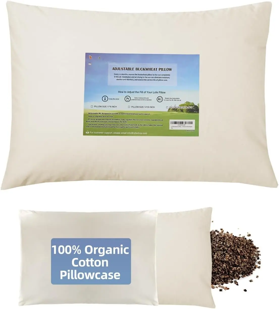 Buckwheat Pillow for Sleeping with  Cotton Pillowcase - 14''x20'' Adjustable Pillow, Breathable for Cool Sleep,  Support for  and Side Sleepers(Tartary Buckwheat Hulls)