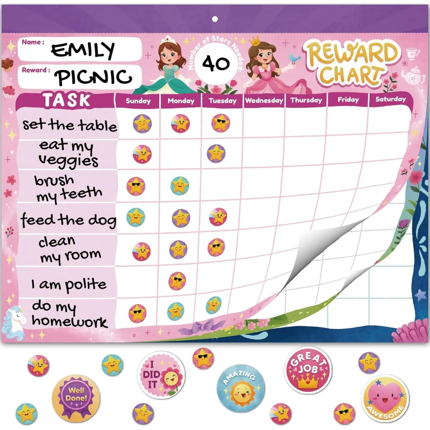 Princess Reward Chart for  - Motivational Chore Chart for , Behavior Chart for  at Home, Sticker Chart -  for Encouraging Good Habits, Learning, and Responsibility