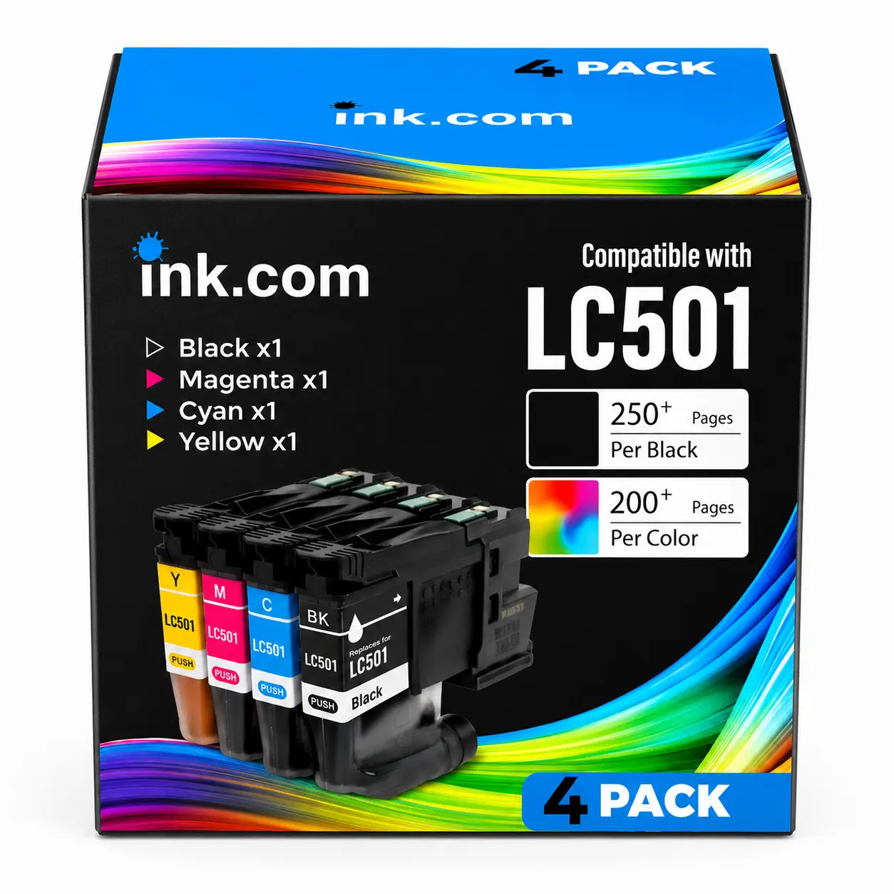 Compatible Brother LC501 Colored Liquid Ink Cartridge 4-Pack - For Ink.com, MFC-J1260W/J1360DW/J1410DW Models - Cyan Included, Easy Installation, 450 Pages Per Cartridge, Vibrant Color Output, Reduced Streaking, Consistent Print Quality