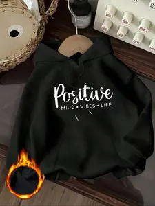 Women's Hooded Sweatshirt, Positive Print, Winter Warm, Casual Pullover, Comfortable Hoodie, Street Fashion