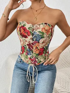 Floral Tapestry Corset Tops Women Strapless Sweetheart Neck Lace Up Boned Bustier Waist Trainers Going Out Night Out Elevated Club Party Summer Spring Tops Cute Vintage Cottagecore