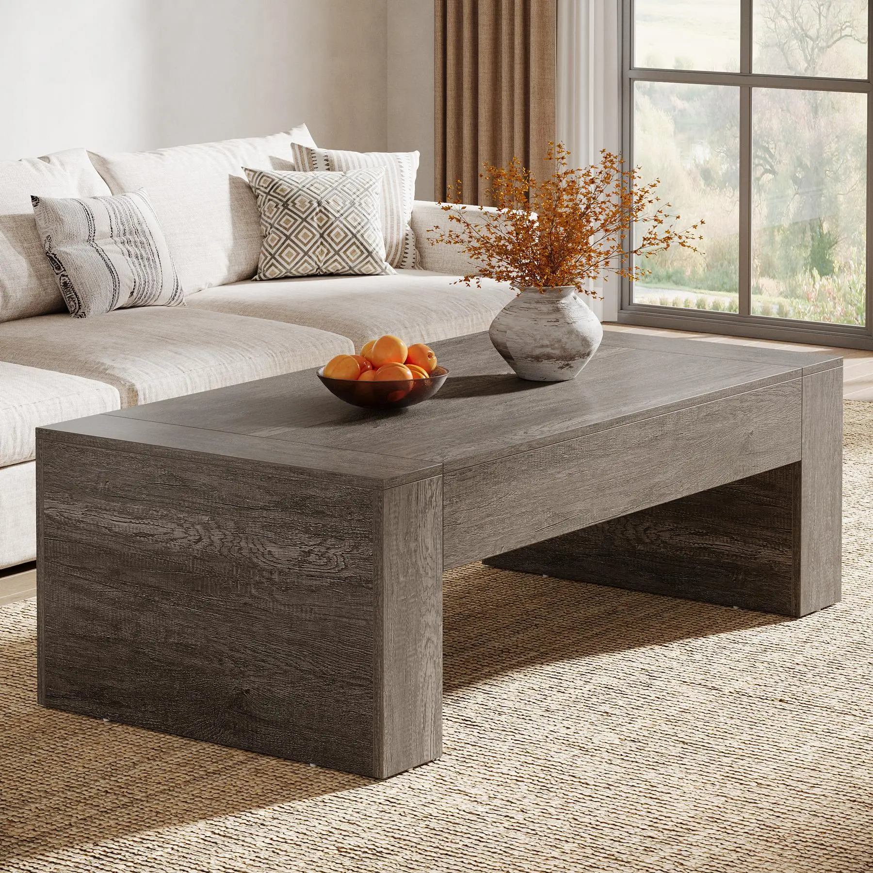 TRIBEWOOD Rustic Wood Coffee Table - 51.18" L x 27.59" W x 17.72" H Rectangle Midcentury Modern Living Room Decor, Heavy Duty MDF Wood Indoor Furniture with Sturdy Base, Natural Grain, Assembly Required, Rustic Wood Table, Lxwxh Large
