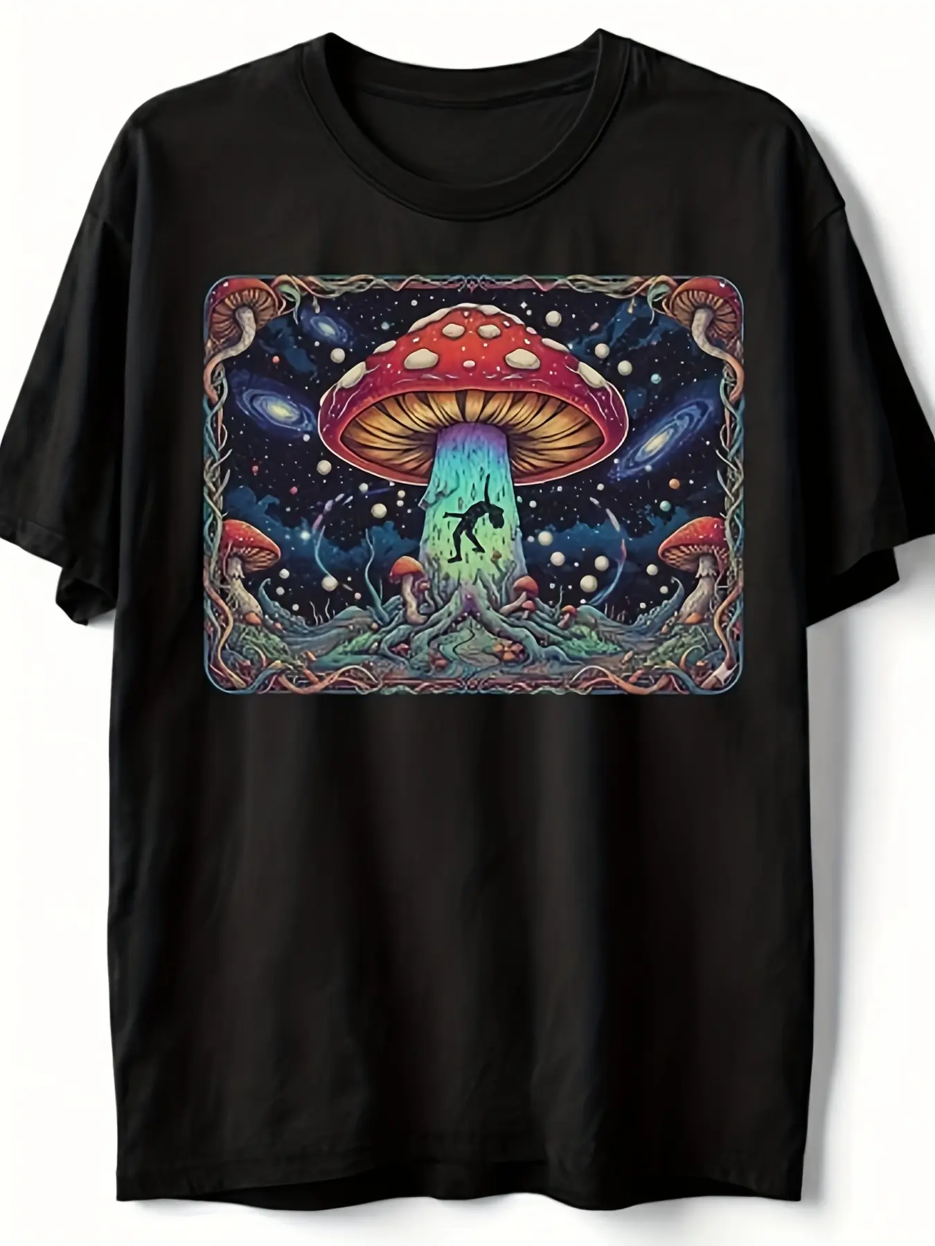 UFO Mushroom Alien Abduction T-Shirt Trippy Space Cosmic Hippie Graphic TeeSame style for men and women  summer short-sleeved printed T-shirt pure cotton 220G, Streetwear Style, Summer Fashion, Cosmic Print, Trippy Design, Breathable Material
