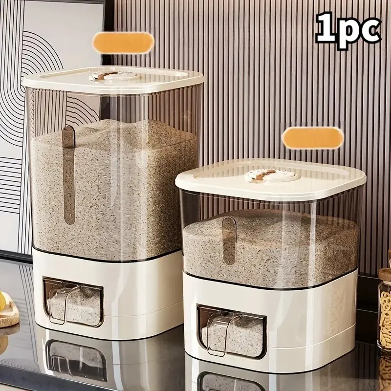 Automatic Rice Dispenser with Cup, Large Capacity Container, Kitchen Plastic Containers, Airtight Containers, Moisture-proof and Airtight Storage Container, Suitable for Rice, Grains, Flour, Pet Food, Ideal for Kitchen, Home Use