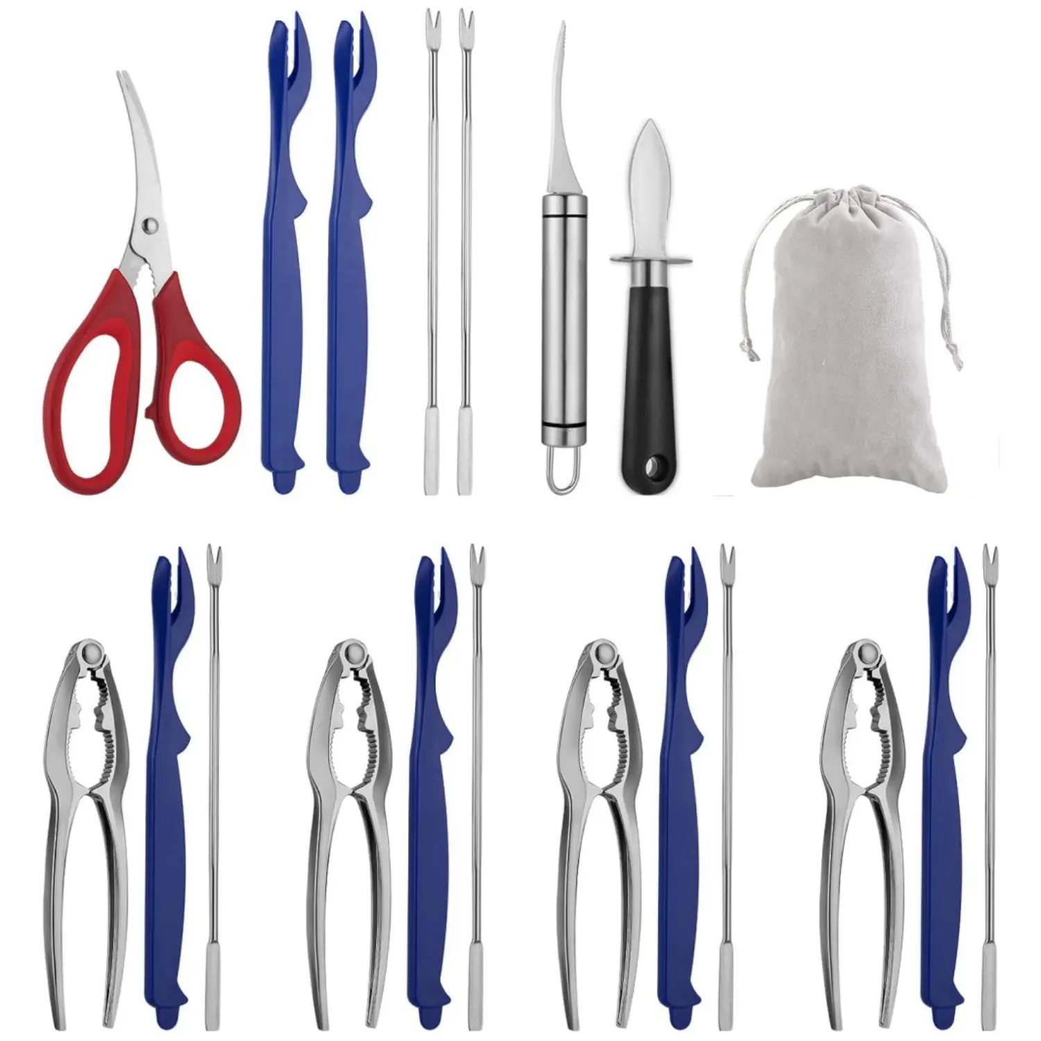 19PCS Seafood Tools Set Includes 4 Crab Crackers 6 Seafood Fork 6 Lobster Crackers 1 Seafood Scissors 1 Oyster Knife 1 Shrimp Cleaning Tool - Nutcracker Set