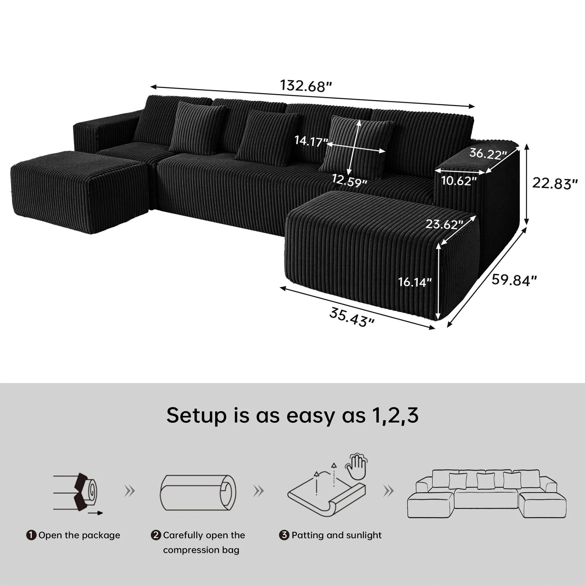 [Christmas] [3 or 2 Packages Shipped]Niccae 132.5" U Shape Modular Sectional Sofa, Corduroy Fabric Oversized Sectional Couch, 5 Seat U Shaped Couch with 2 Pillows for Living Room, Bedroom, Office, No Assembly Require