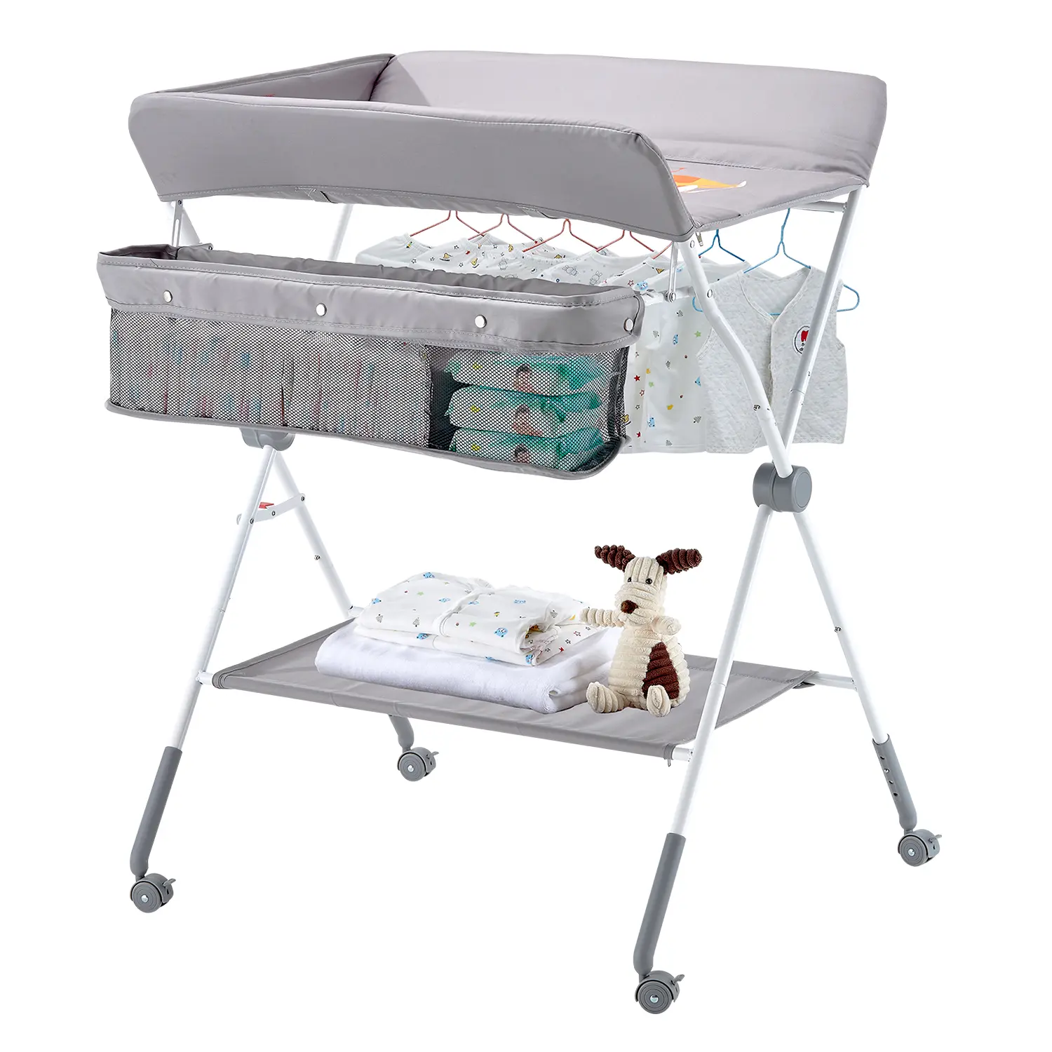 【SummerFinds】VEVOR Baby Changing Table, Foldable Diaper Change Station with Side Basket, Adjustable Height Portable Changing Table with Lockable Wheels, Multi-Functional Storage Organizer Nursery, Light Gray