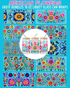 Mexican Flowers UVDTF Bundles - 16 Oz Libbey Glass Can Wrap