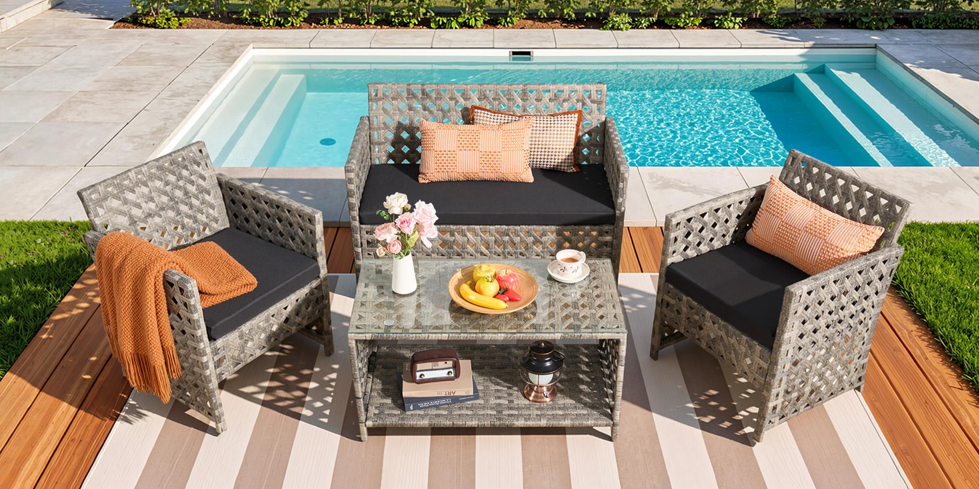 4-Piece Patio Conversation Sofa Set–Outdoor Sectional Wicker Furniture with Coffee Table, Perfect for Garden,Yard, Pool, High Backrest&Thicker Cushion, All-Weather Waterproof, Affordable Loveseat