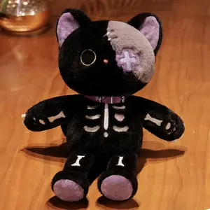 Halloween Skeleton Cat Plush Toy,Creepy Goth Black Kitten Stuffed Crazy Kitty Dolls,Dreadful Kitty Cat Plushie Kitten Gifts,Stuffed Animal, Soft Stuffed Animal