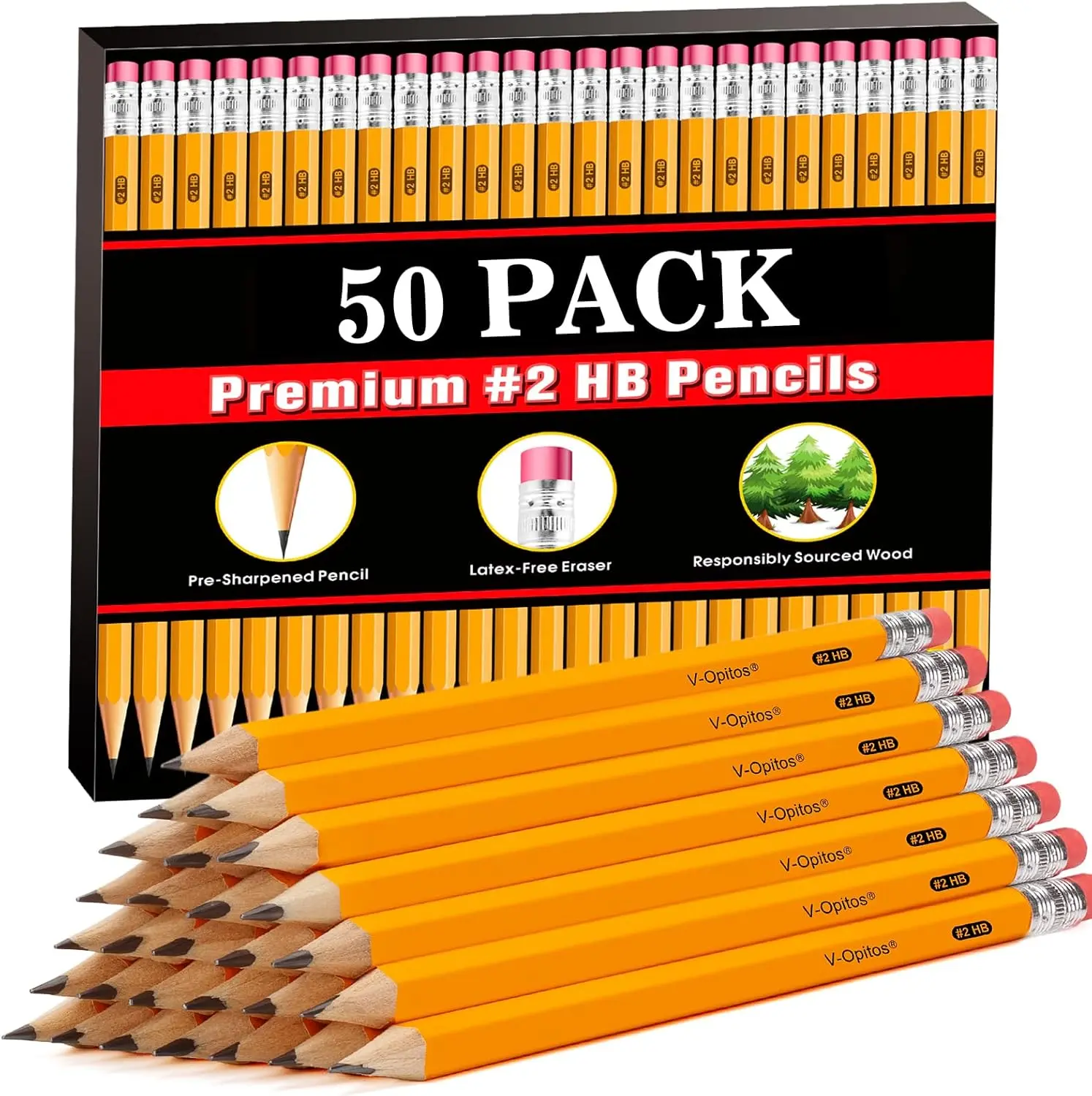 50 Pack No. 2 HB Wood Pencils with Erasers, Pre-Sharpened Writing Pencils, Back to School Supplies for Students, Teachers & Classroom