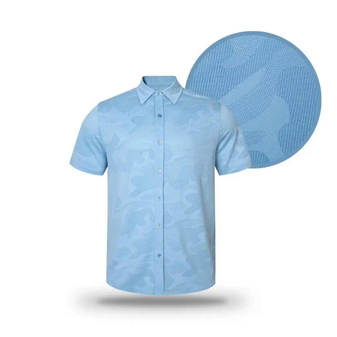 GRUNK DOLFER Men's Elegant Collared Short-Sleeve Button-Down Front-Placket Blue Textured Polo Shirt, Soft Casual Day Fabric Menswear Top, Shortsleeve, Blue Textured Polo Shirts