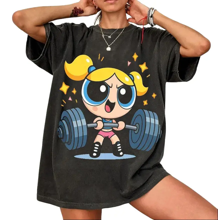 Cute Powerpufff Bubbles Strong Girl Gym Graphic T-Shirt, Y2K #Powerpuf Fitness, Workout Shirt, Trending 2026, Weightlifters, Bodybuilding Shirt, Pump Cover Gym Tee for Men Women
