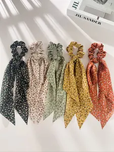 Women's Sweet Elegant Fabric Flower Print Bow Hair Tie Set, Ponytail Bun Hair Accessory, Elastic Hair Accessory, Fashionable Hair Accessories, Perfect for Vacation and Daily, Hair Accessories Set