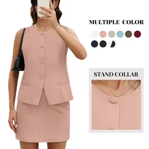 Casly Lamiit Women's 2-Piece Slim Sleeveless Blazer Suit - High-Quality Fabric, Stand Collar, Button-Down Vest, Minimalist Crew Neck, Short Skirt with Pockets, Chic School Business Casual Outfit, Multiple Colors #Springfresh,summervibes outdoorfun, Style