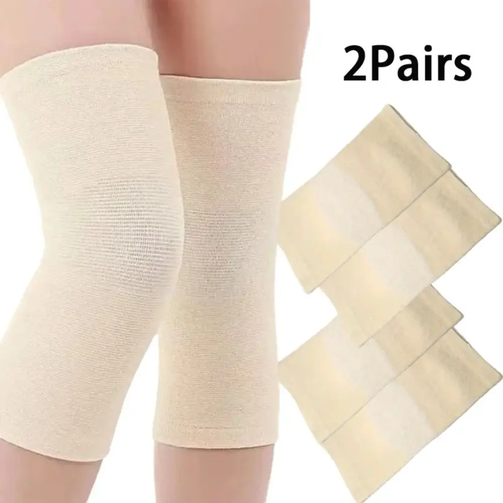 2 Pairs Beige Cotton Blend Knee Support Sleeves - Compression Fit, Multi-Sport Snug Wrap Brace for Basketball, Running - Hand Wash Only, Enhanced Circulation Support