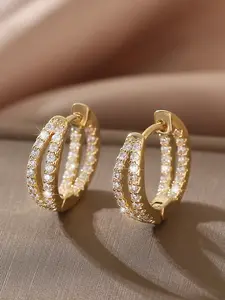 14K Gold Plated Posts Cubic Zirconia Segment Double Hoop Earrings for Women - Statement Double Hoop Stud Earrings
