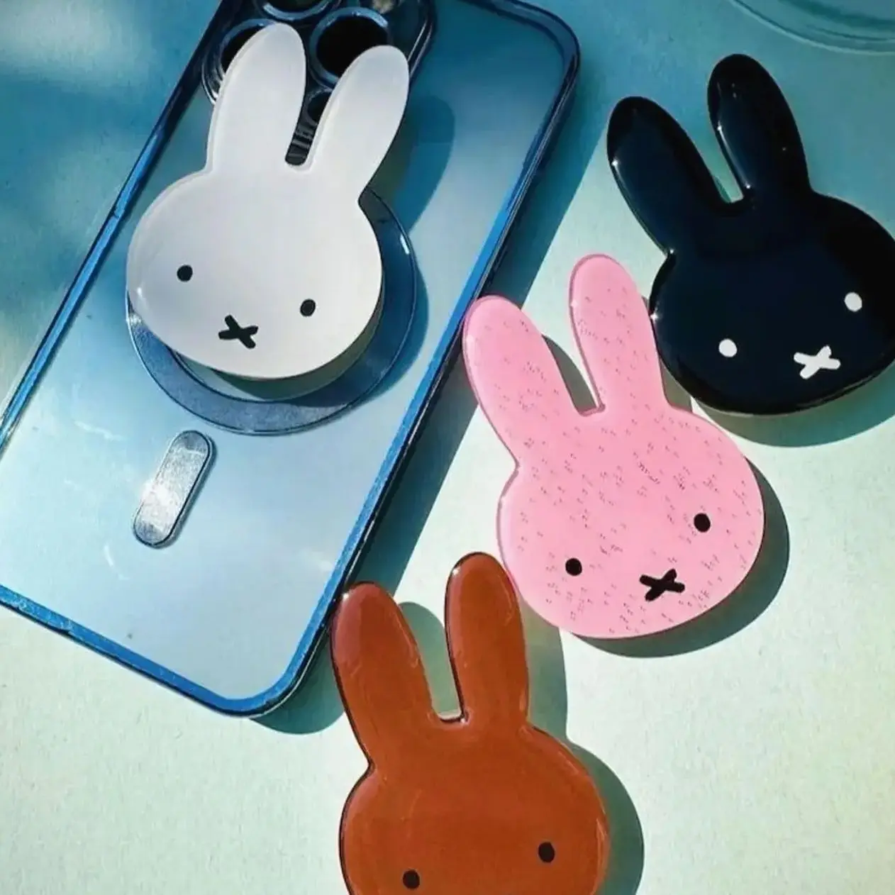 Kawaii Bunny Phone Grip Set – Cute Acrylic Phone Stand with White, Black, and Pink Bunny Designs, Adorable Phone Accessory for Rabbit Lovers, Gift for Spring and Summer