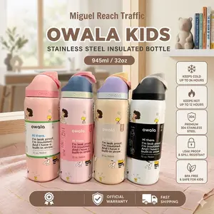 Owala Sn0-py 32oz Stainless Steel Insulated Water Bottle for Kids with Built-in Straw - Leak-proof and Spill-proof, Suitable for School - Double-walled Vacuum Bottle, BPA-Free - Cute Cartoon Travel Bottle for Boys and Girls